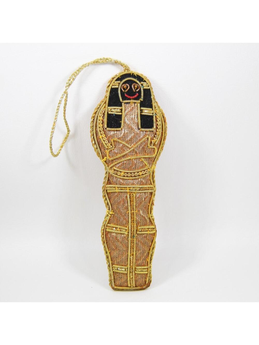 Egyptian Mummy Velvet Gold Lamé Embroidered Jeweled Christmas Ornament Handmade